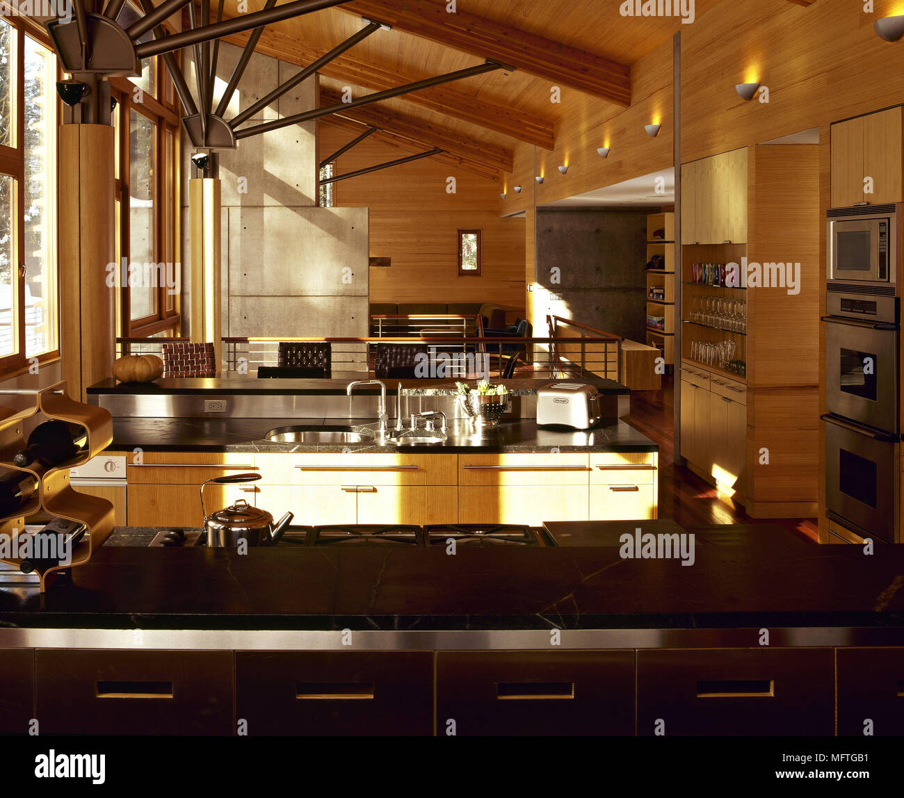 Modern Open Plan Kitchen Exposed Beams Wood Units Interiors
