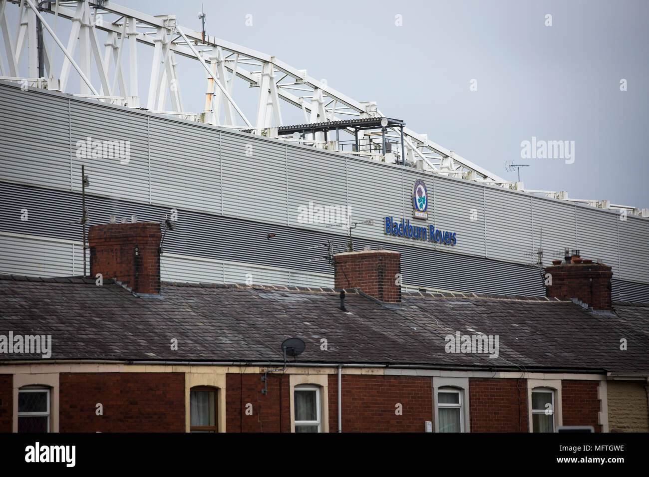 An external view of the Jack Walker Stand before Blackburn Rovers played Shrewsbury Town in a Sky Bet League One fixture at Ewood Park. Both team were in the top three in the division at the start of the game. Blackburn won the match by 3 goals to 1, watched by a crowd of 13,579. Stock Photo