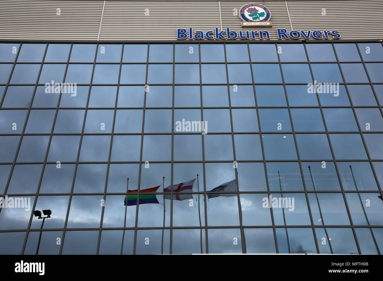 An external view of the Jack Walker Stand before Blackburn Rovers played Shrewsbury Town in a Sky Bet League One fixture at Ewood Park. Both team were in the top three in the division at the start of the game. Blackburn won the match by 3 goals to 1, watched by a crowd of 13,579. Stock Photo