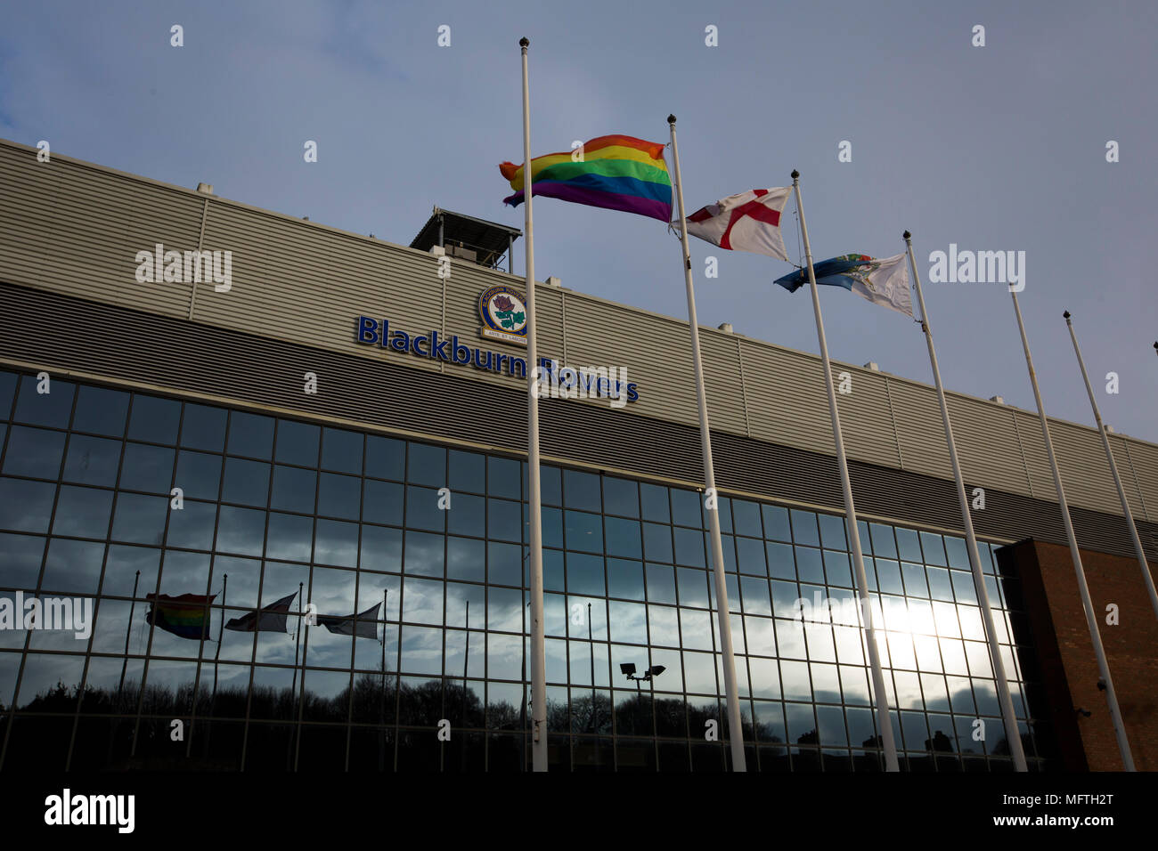 An external view of the Jack Walker Stand before Blackburn Rovers played Shrewsbury Town in a Sky Bet League One fixture at Ewood Park. Both team were in the top three in the division at the start of the game. Blackburn won the match by 3 goals to 1, watched by a crowd of 13,579. Stock Photo