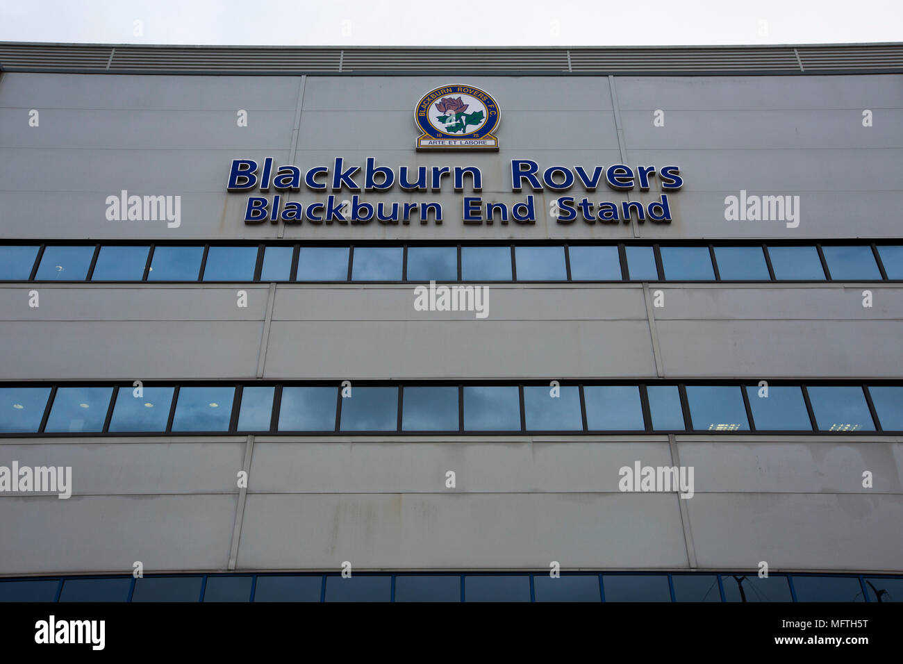 An external view of the Blackburn End Stand before Blackburn Rovers played Shrewsbury Town in a Sky Bet League One fixture at Ewood Park. Both team were in the top three in the division at the start of the game. Blackburn won the match by 3 goals to 1, watched by a crowd of 13,579. Stock Photo