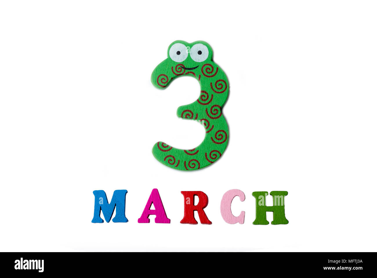 March 3 on white background, numbers and letters. Calendar. Stock Photo