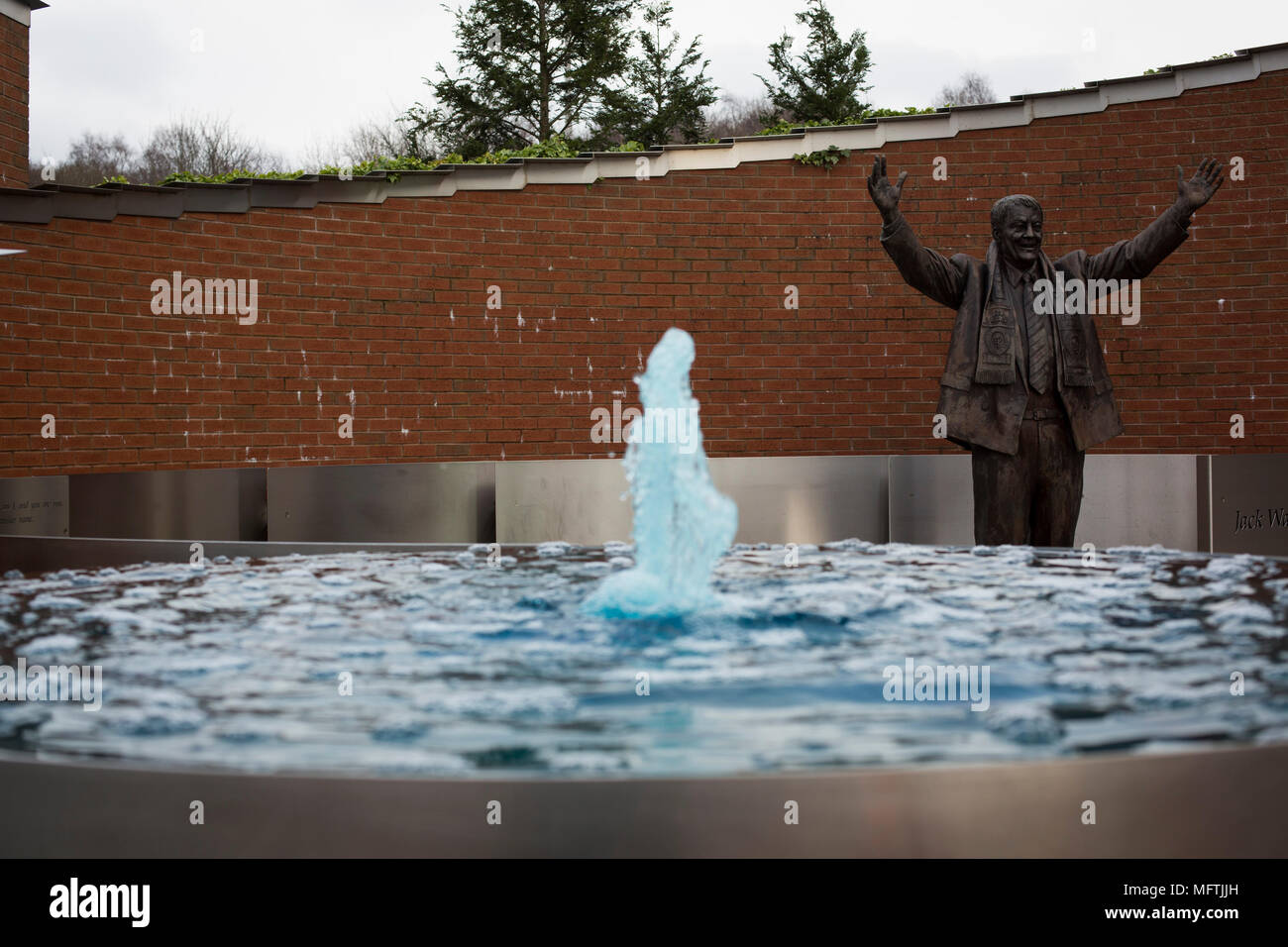 A fountain and statue dedicated to Jack Walker, the club's former owner, which is situated at the back of the Blackburn End Stand before Blackburn Rovers played Shrewsbury Town in a Sky Bet League One fixture at Ewood Park. Both team were in the top three in the division at the start of the game. Blackburn won the match by 3 goals to 1, watched by a crowd of 13,579. Stock Photo