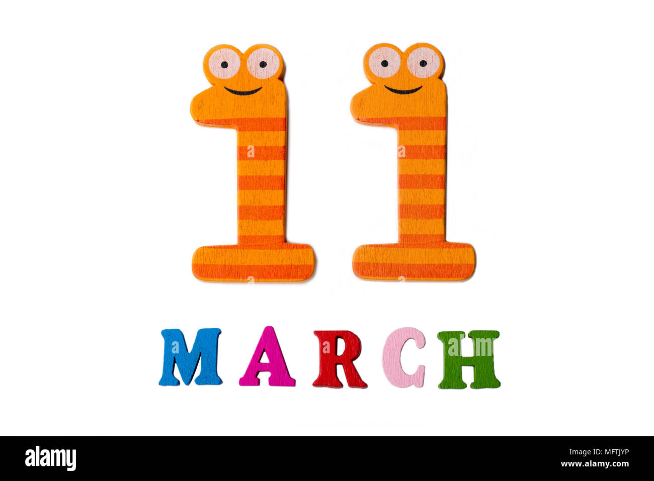 March 11 on white background, numbers and letters. Calendar. Stock Photo