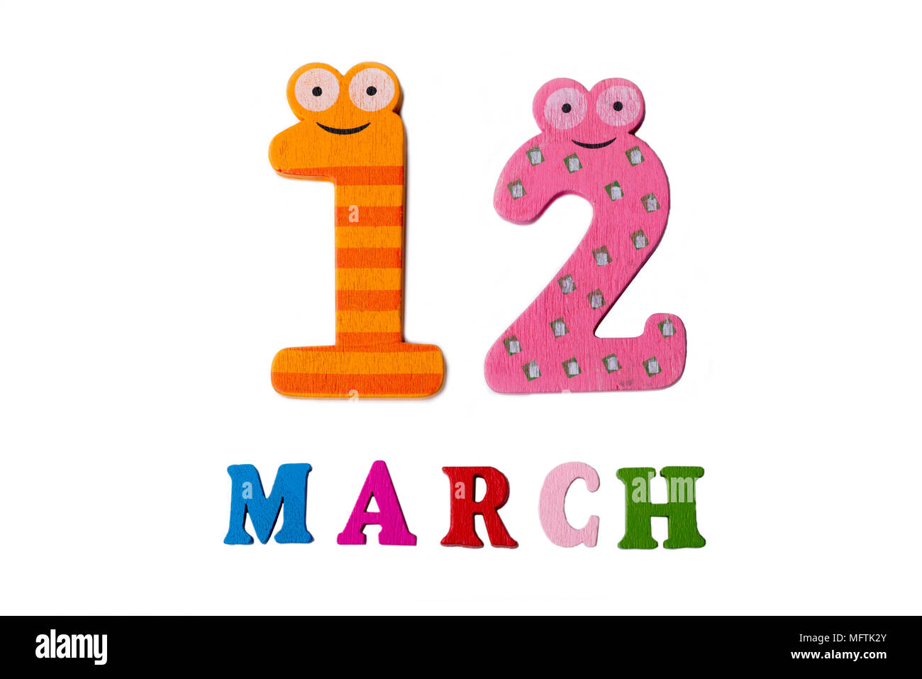 March 12 on white background, numbers and letters. Calendar. Stock Photo