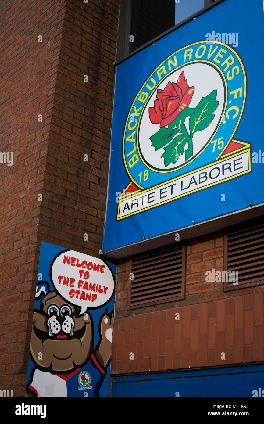 A sign for the Family Stand, pictured before Blackburn Rovers played Shrewsbury Town in a Sky Bet League One fixture at Ewood Park. Both team were in the top three in the division at the start of the game. Blackburn won the match by 3 goals to 1, watched by a crowd of 13,579. Stock Photo
