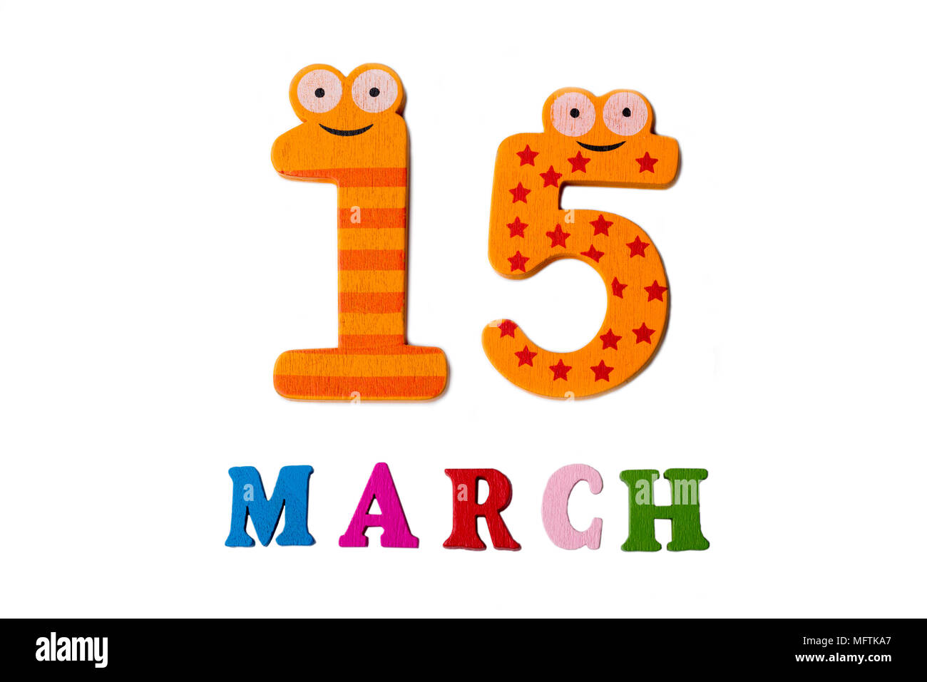 March 15 on white background, numbers and letters. Calendar. Stock Photo