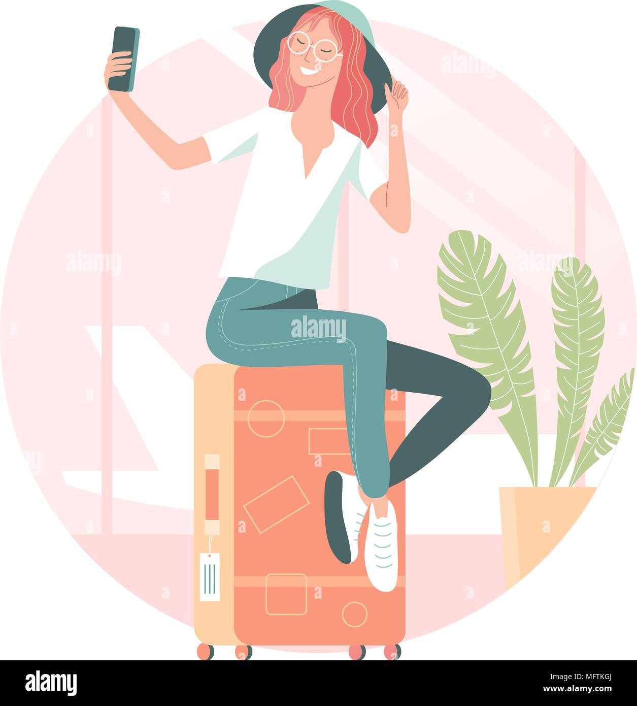 Young woman taking selfie at the airport Vector illustration. Stock Vector