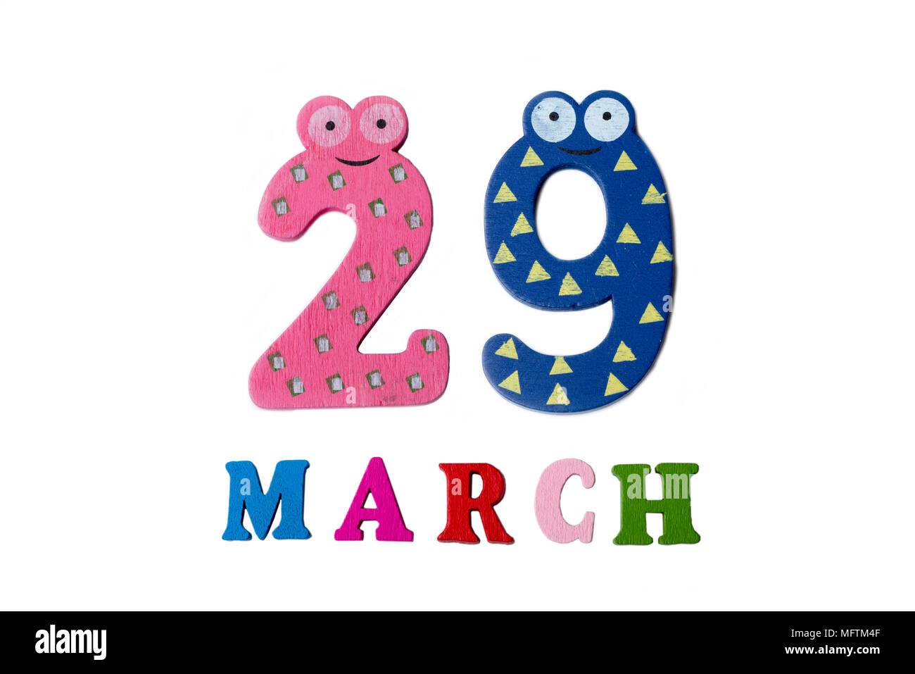 March 29 on white background, numbers and letters. Calendar. Stock Photo