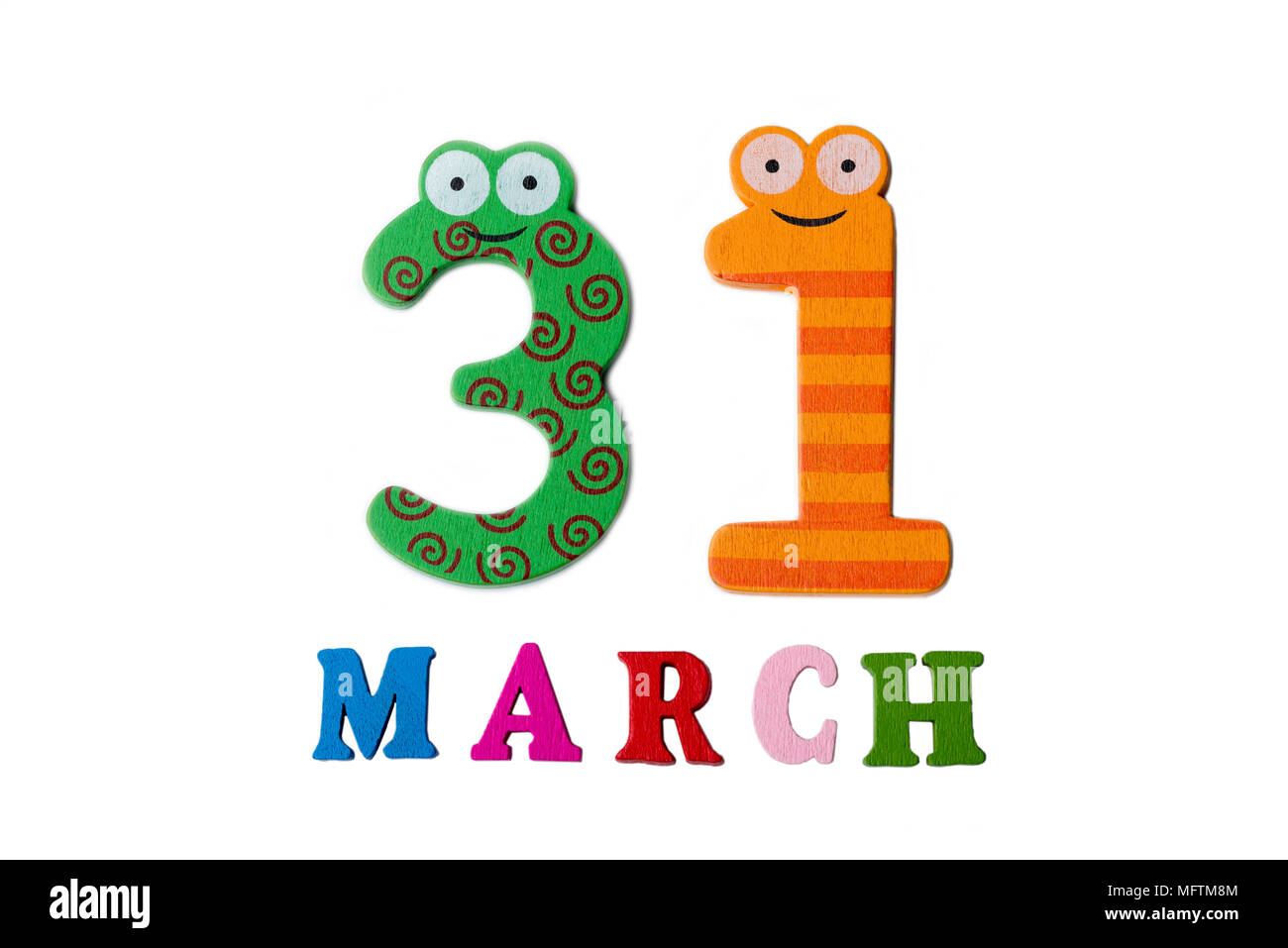 March 31 on white background, numbers and letters. Calendar Stock Photo