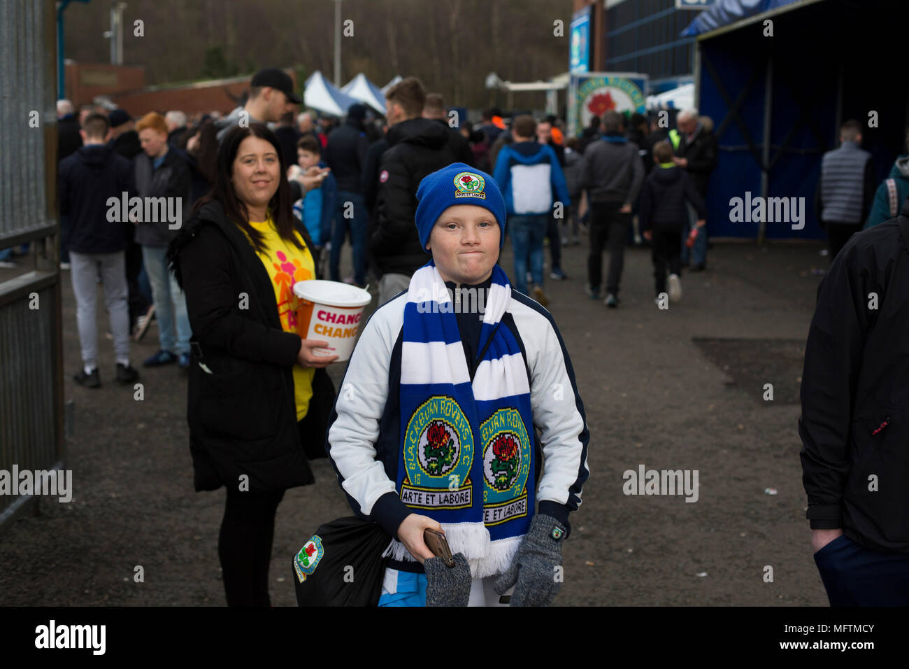 A fan walking round the ground before Blackburn Rovers played Shrewsbury Town in a Sky Bet League One fixture at Ewood Park. Both team were in the top three in the division at the start of the game. Blackburn won the match by 3 goals to 1, watched by a crowd of 13,579. Stock Photo