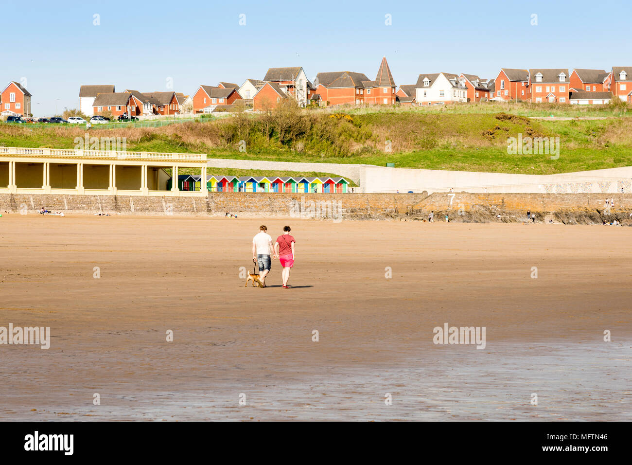 Two men taking a walk with a dog on a quiet sandy beach at Barry Island on a warm spring day Stock Photo