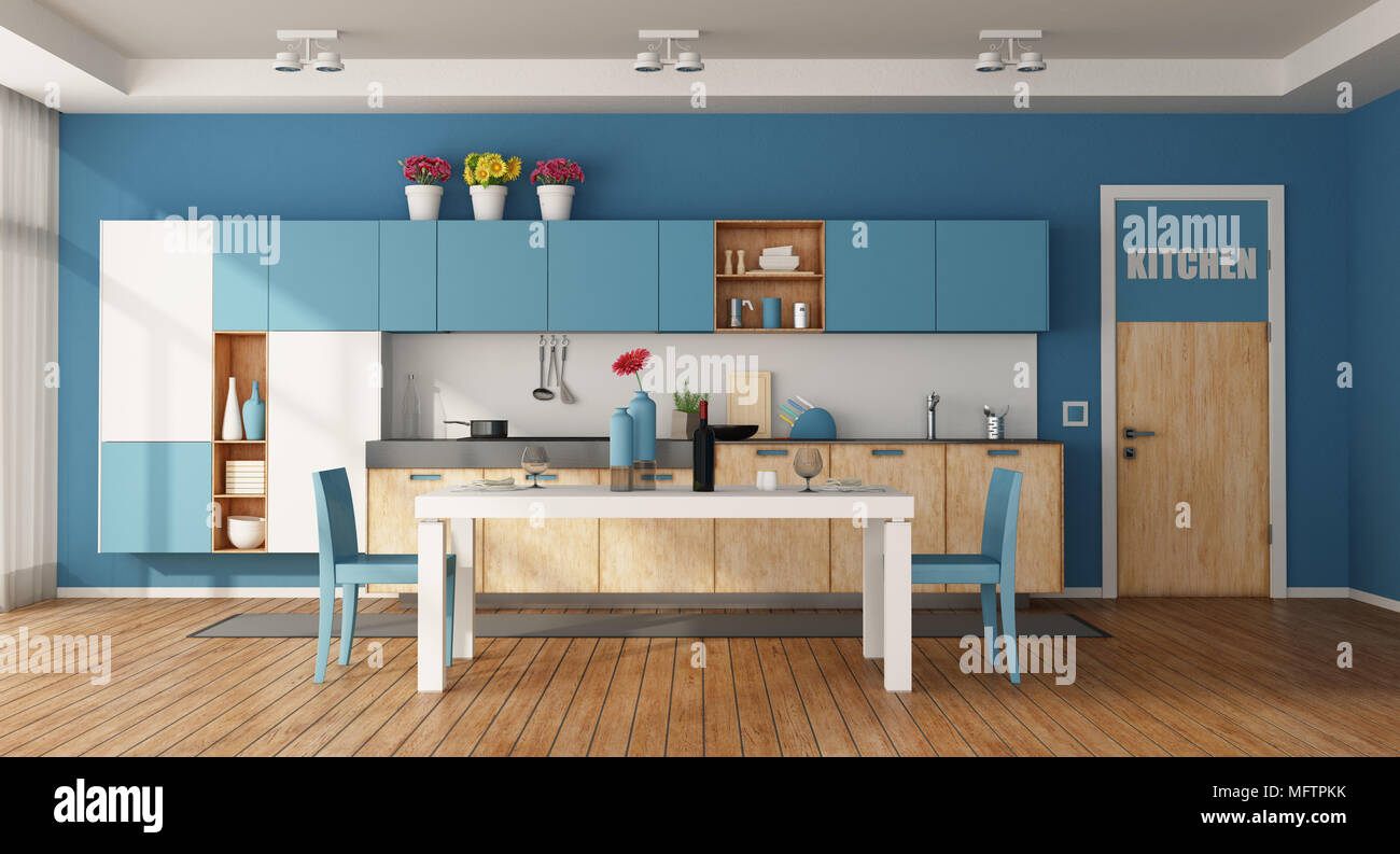 White and blue modern kitchen with dining table and closed door - 3d ...