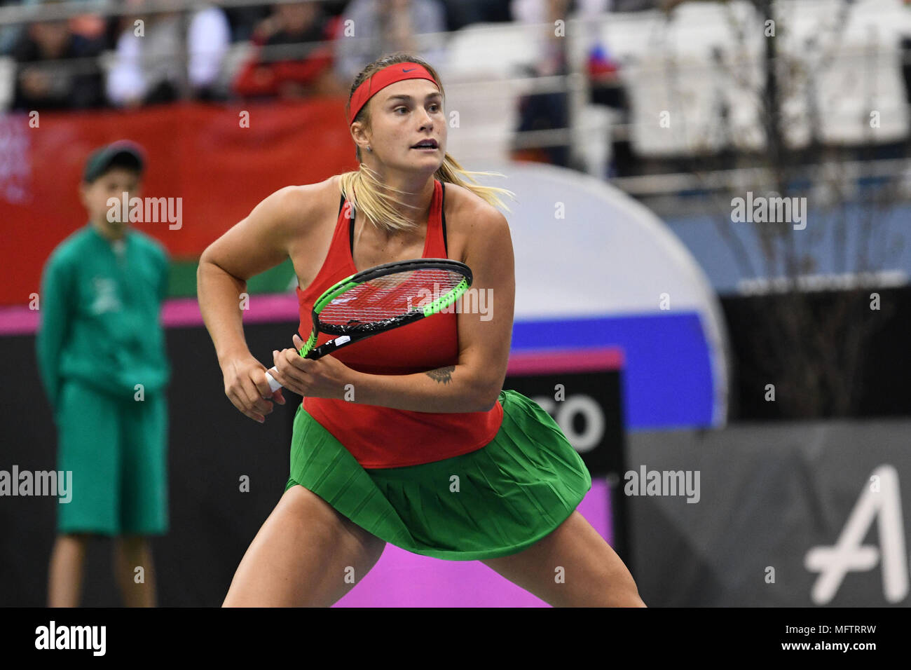 Minsk, Belarus. 21st April, 2018. Aryna Sabalenka (BLR) during a FedCup match against Vikoria Kuzmova being played at Chizhovka Arena in Minsk, Belarus Stock Photo