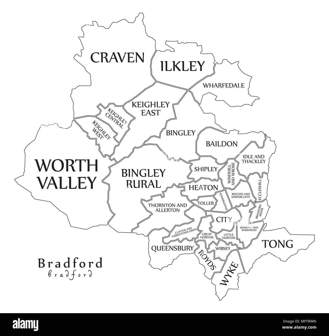 Modern City Map Bradford City Of England With Wards And Titles