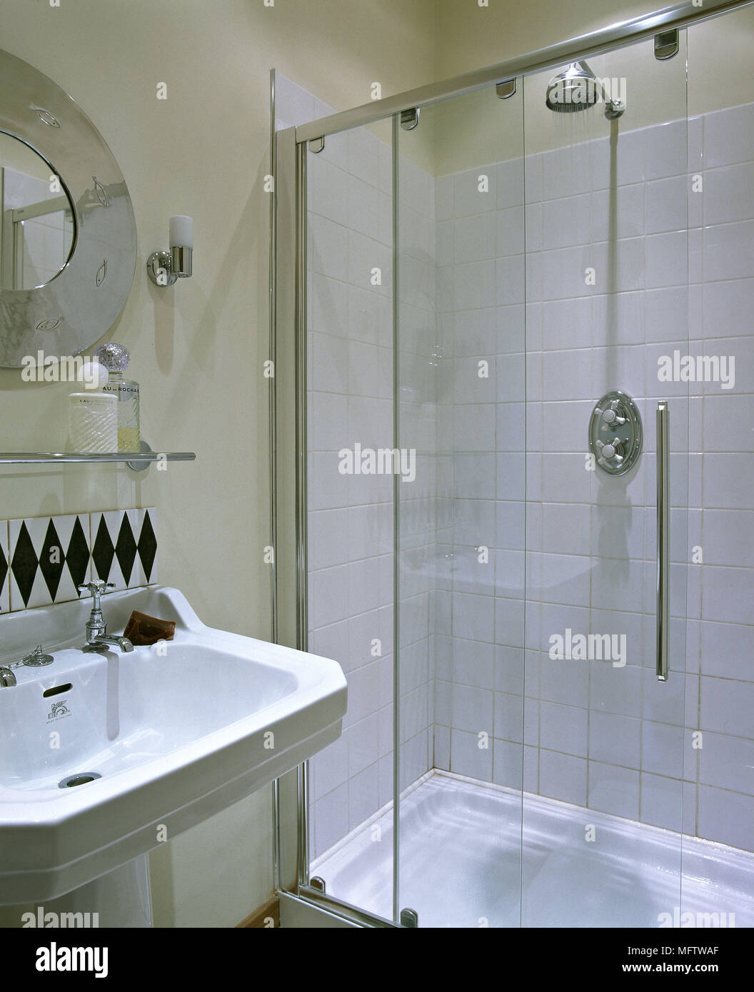 A Modern Bathroom With Cream Walls Washbasin Shower Enclosure A Modern Bathroom With Cream Walls Washbasin Shower Enclosure