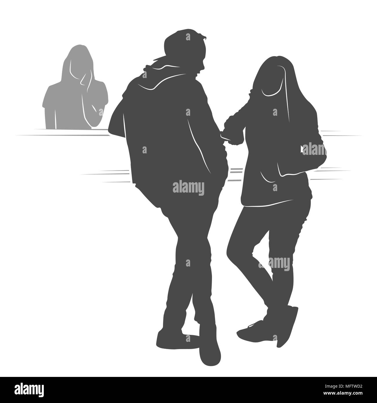 Young couple waiting their turn silhouette. Vector illustration. Stock Vector