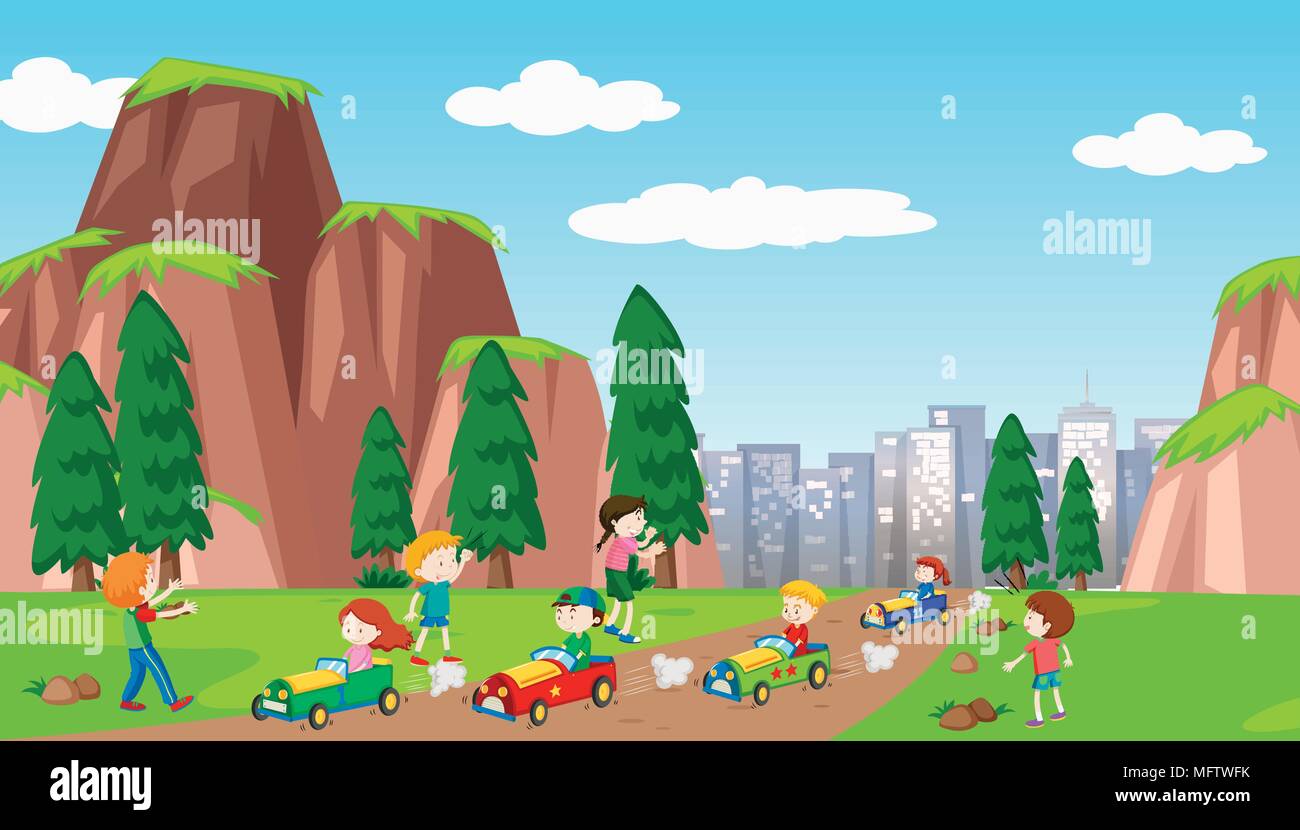 Kid Rally Drawing School Kids Racing a Car illustration Stock Vector Image & Art - Alamy