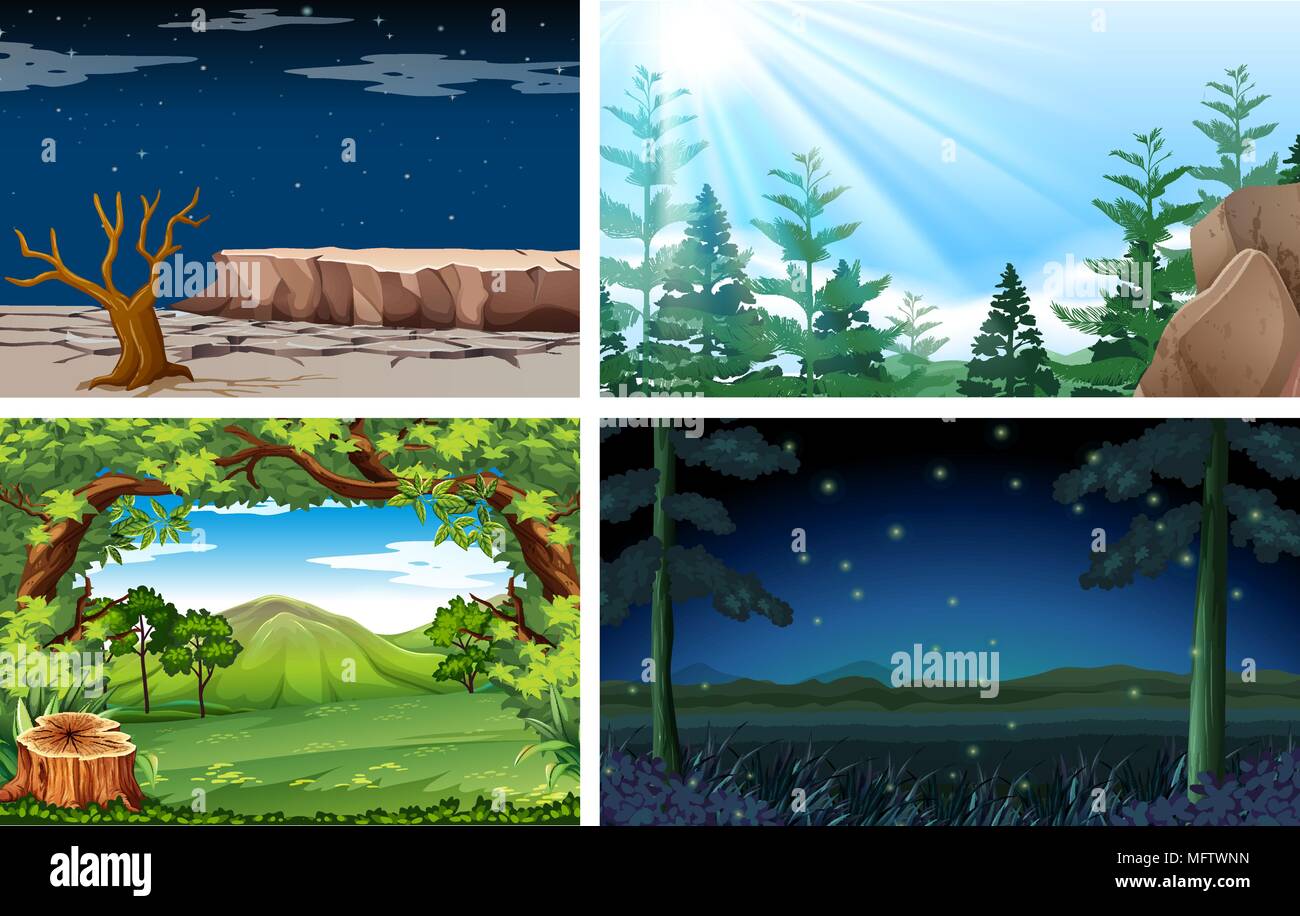 Four Different Nature Day and Night Scene illustration Stock Vector Image & Art -