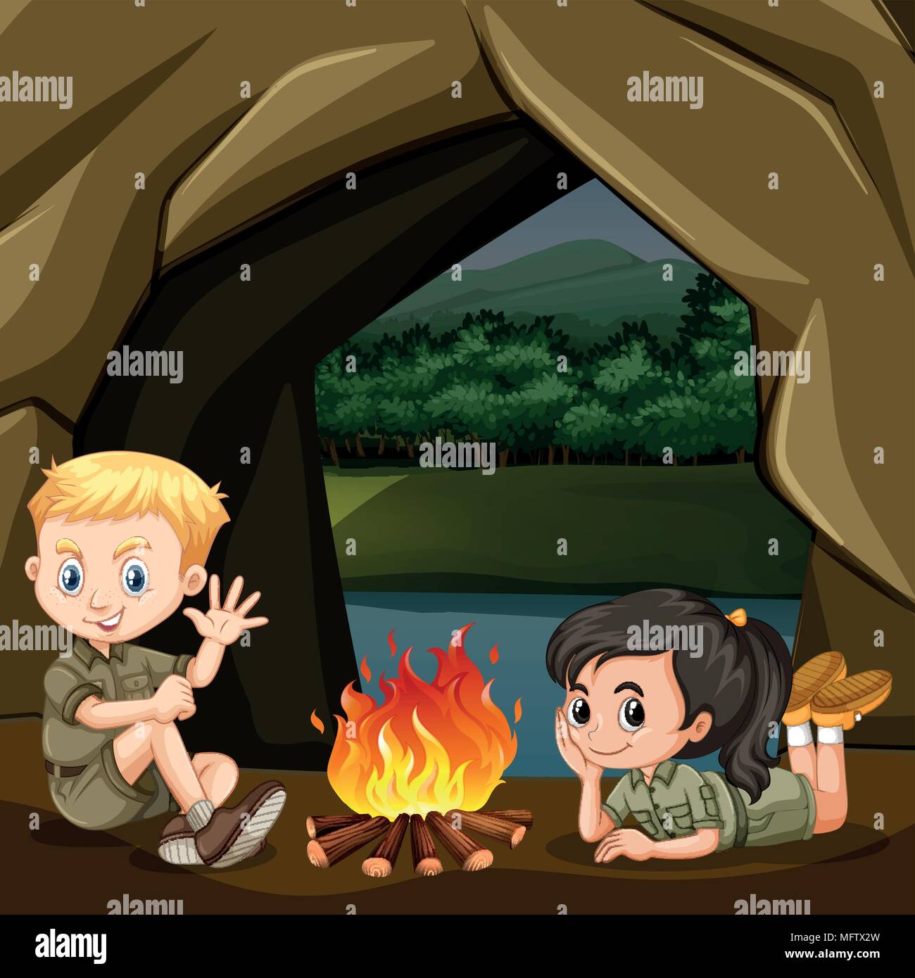 Boy and Girl Scout are Cpming in the Forest illustration Stock Vector ...