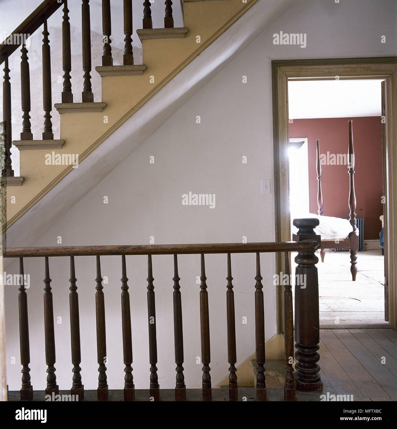 Traditional hallway staircase wooden balustrade Stock Photo Alamy