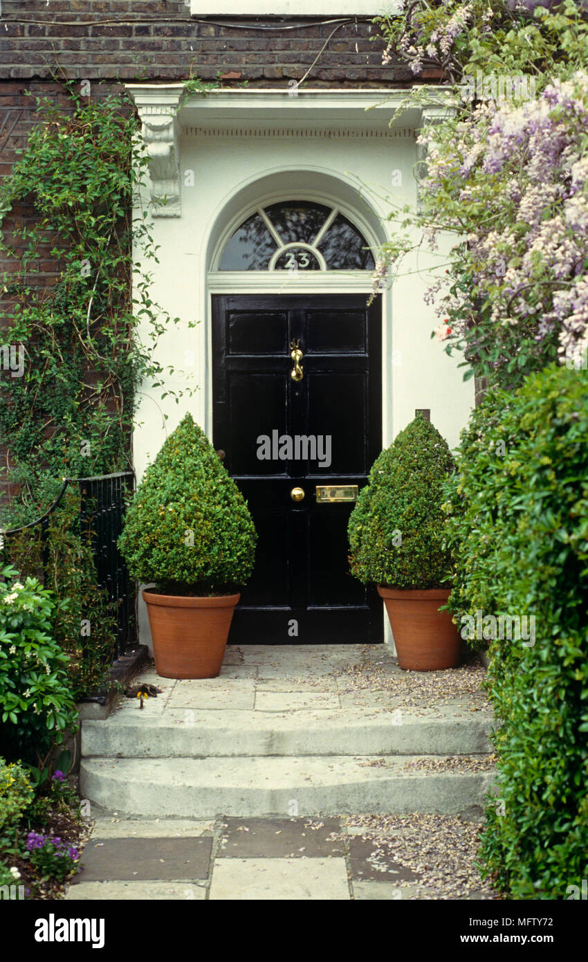 Topiary Shrubs In Pots Either Side Of Georgian Front Door