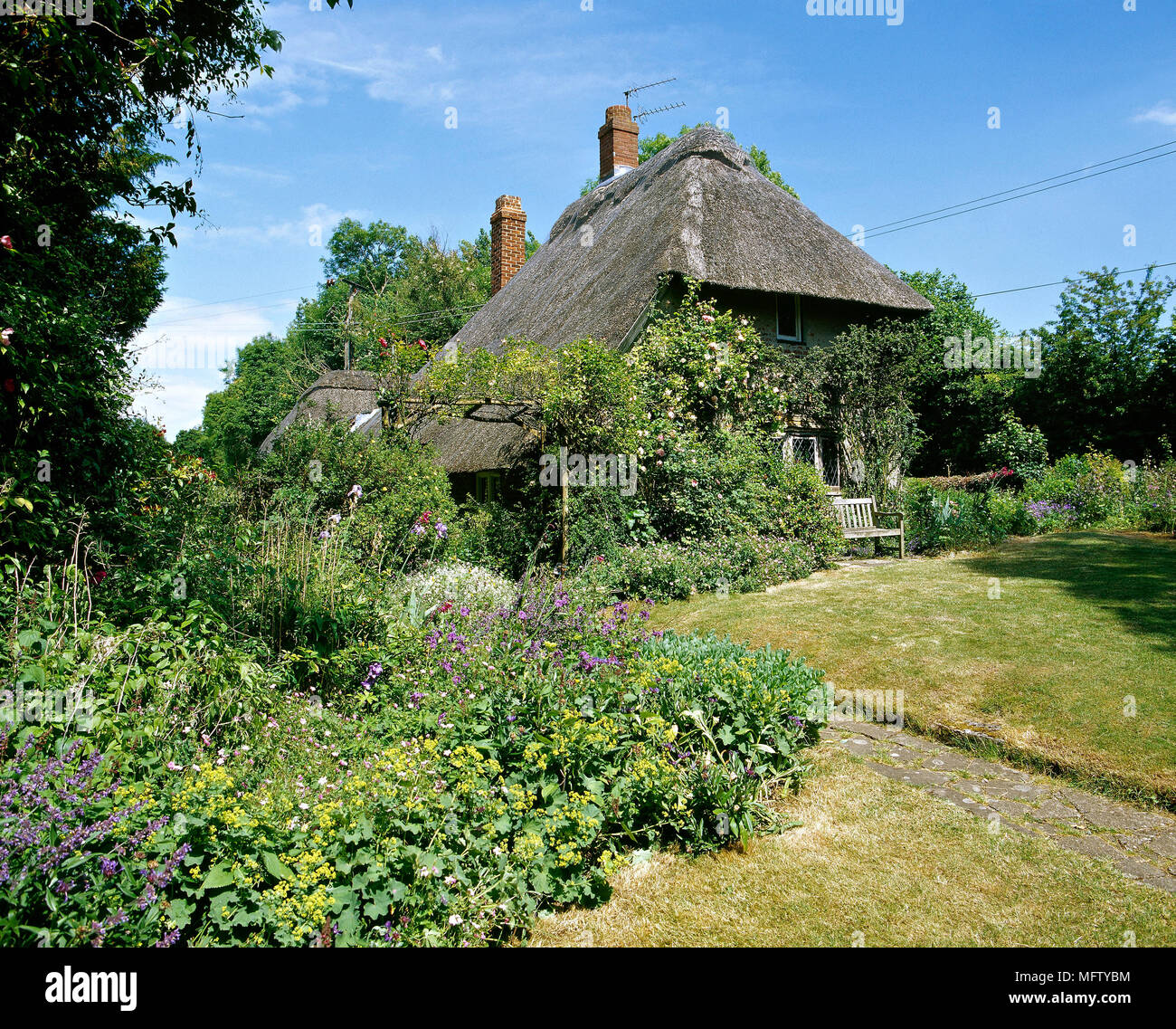 An exterior of a detached country cottage with thatched roof, garden with lawn and flower borders, Stock Photo
