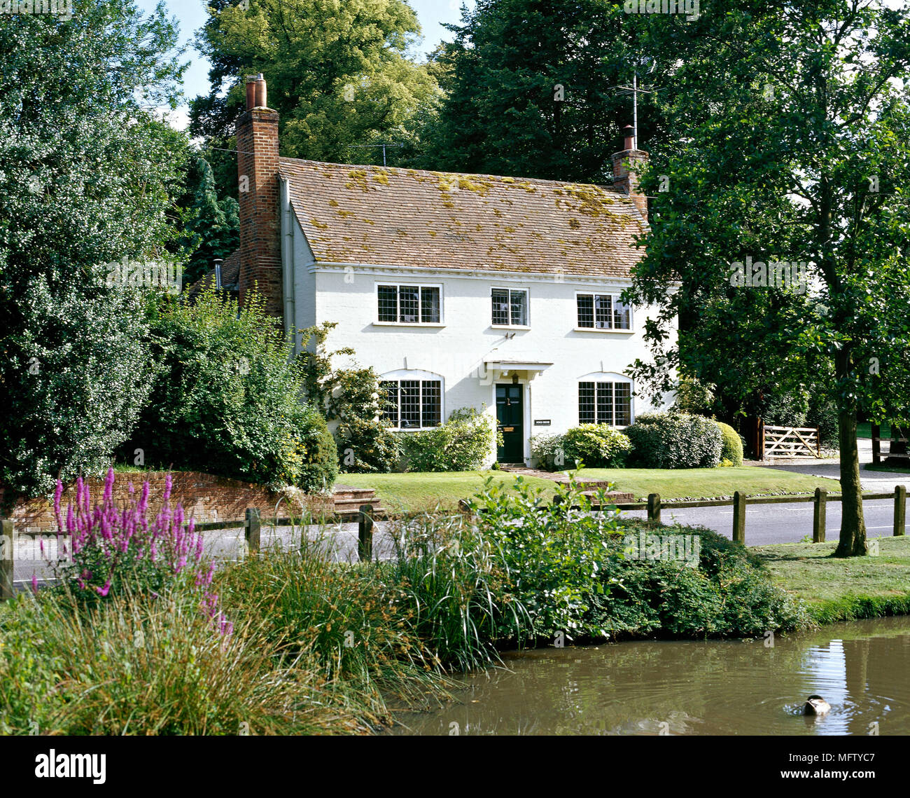 An exterior of a white painted detached country house, village pond, Stock Photo