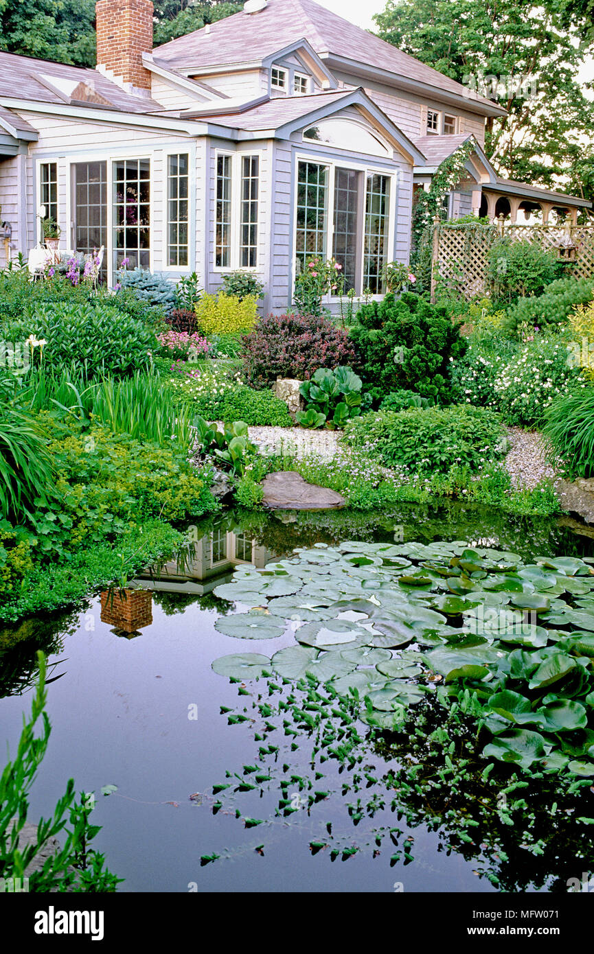 Exterior of modern house and garden with waterlilies on pond planted with Nymphaea, Alchemilla mollis, Berberis, Chamaecyparis, Spiraea, Petunia and M Stock Photo