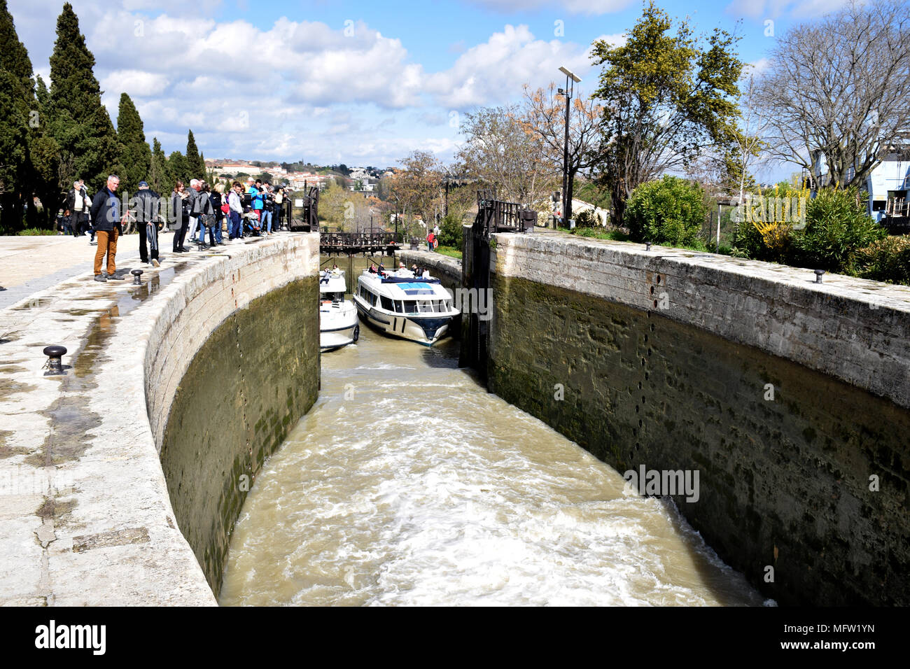 The Nine Locks of Fonseranes (Neuf Ecluses de Fonseranes) on the Canal du Midi, Beziers, Herault, Languedoc, SW France April 2018. The locks allow boa Stock Photo