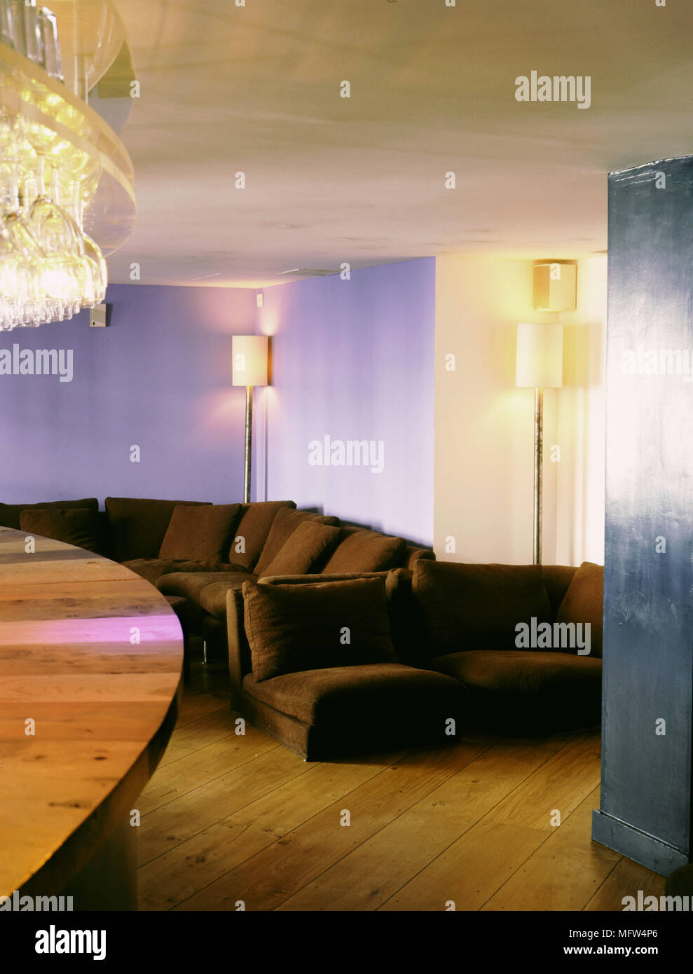 Interior of the bar at Soho House restaurant with a wood floor metallic
