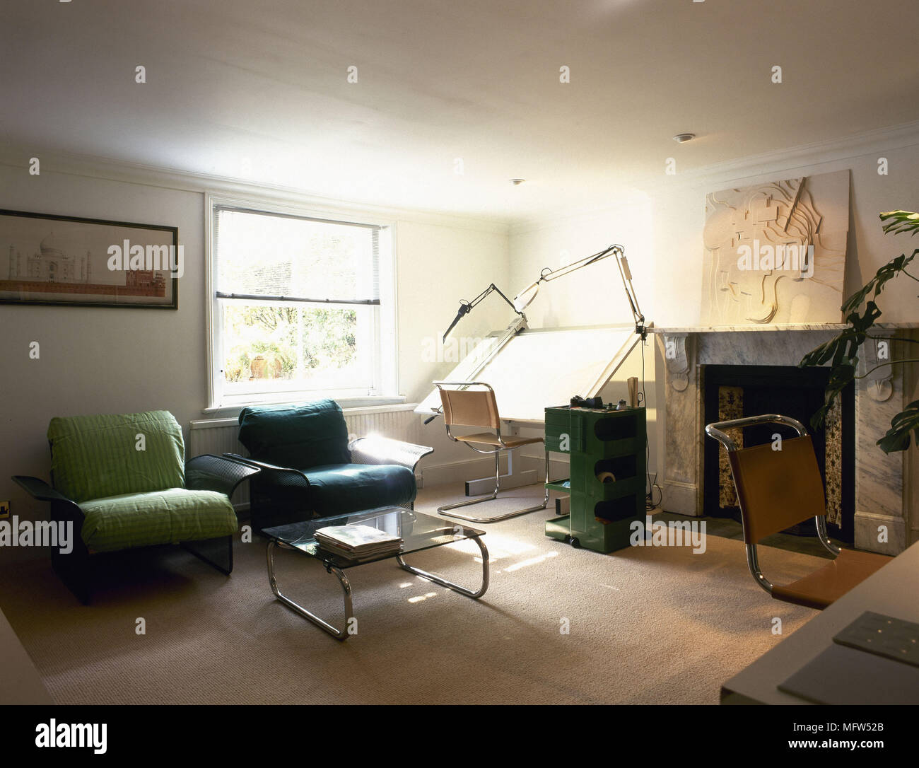 Modern Sitting Room Work Room Fireplace Armchairs Drawing