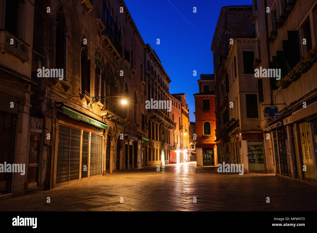 A quiet street in Venice, Italy longg exposure night shot Stock Photo