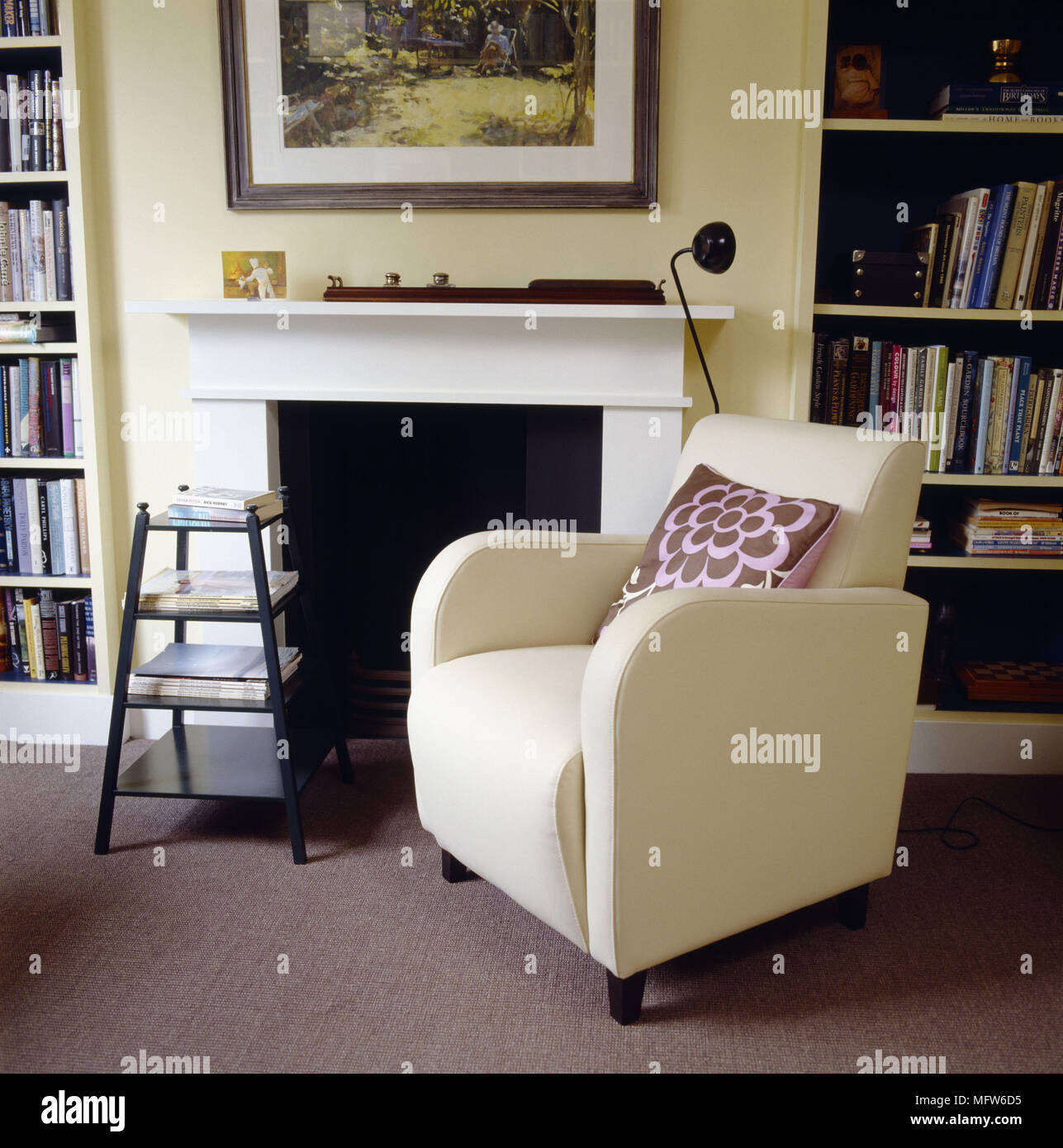 A detail of a yellow sitting room with fireplace upholstered leather