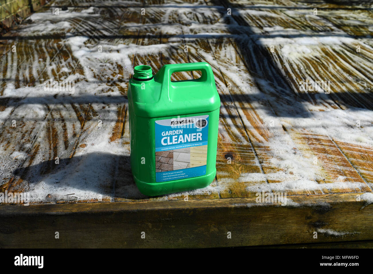 Green and dirty algae covered garden decking in the process of being