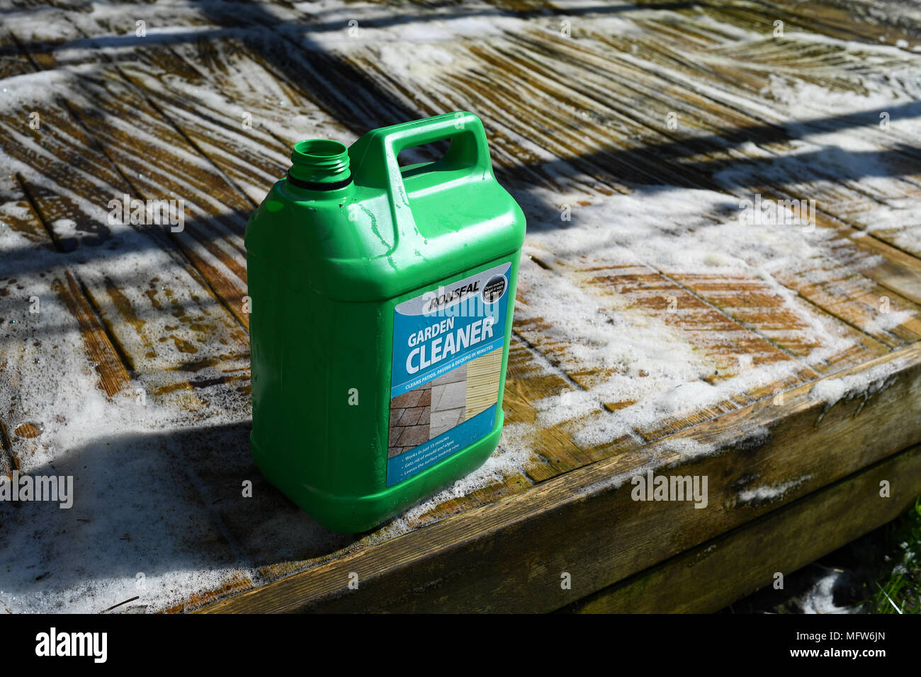 Green and dirty algae covered garden decking in the process of being cleaned using Ronseal garden chemical cleaner. Stock Photo