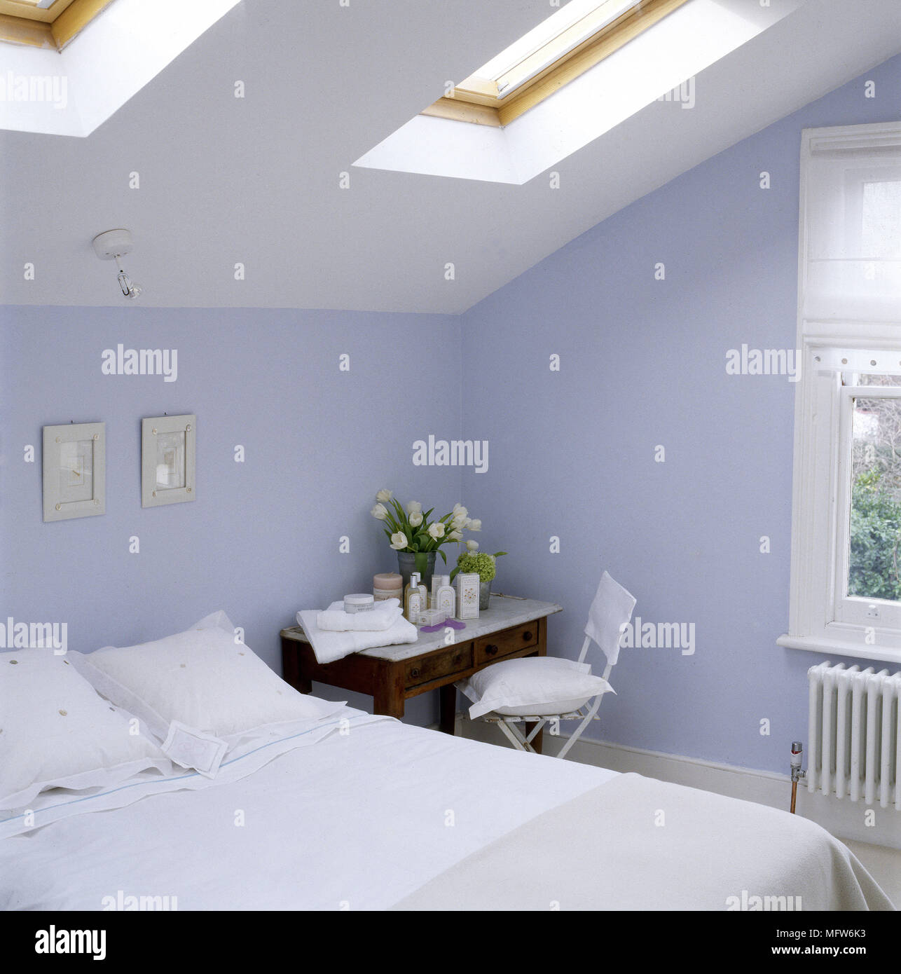 Modern Blue Bedroom With Sloping Ceiling Skylights Double Bed With