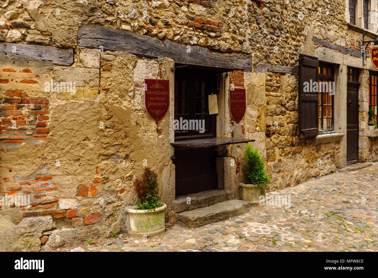 Medieval architecture of Perouges, France, a walled town, a popular ...