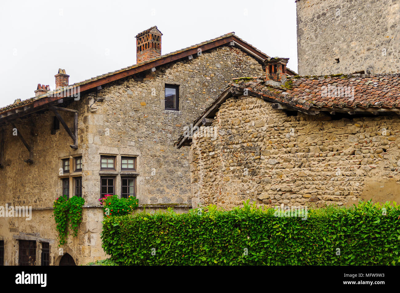 Medieval architecture of Perouges, France, a walled town, a popular ...