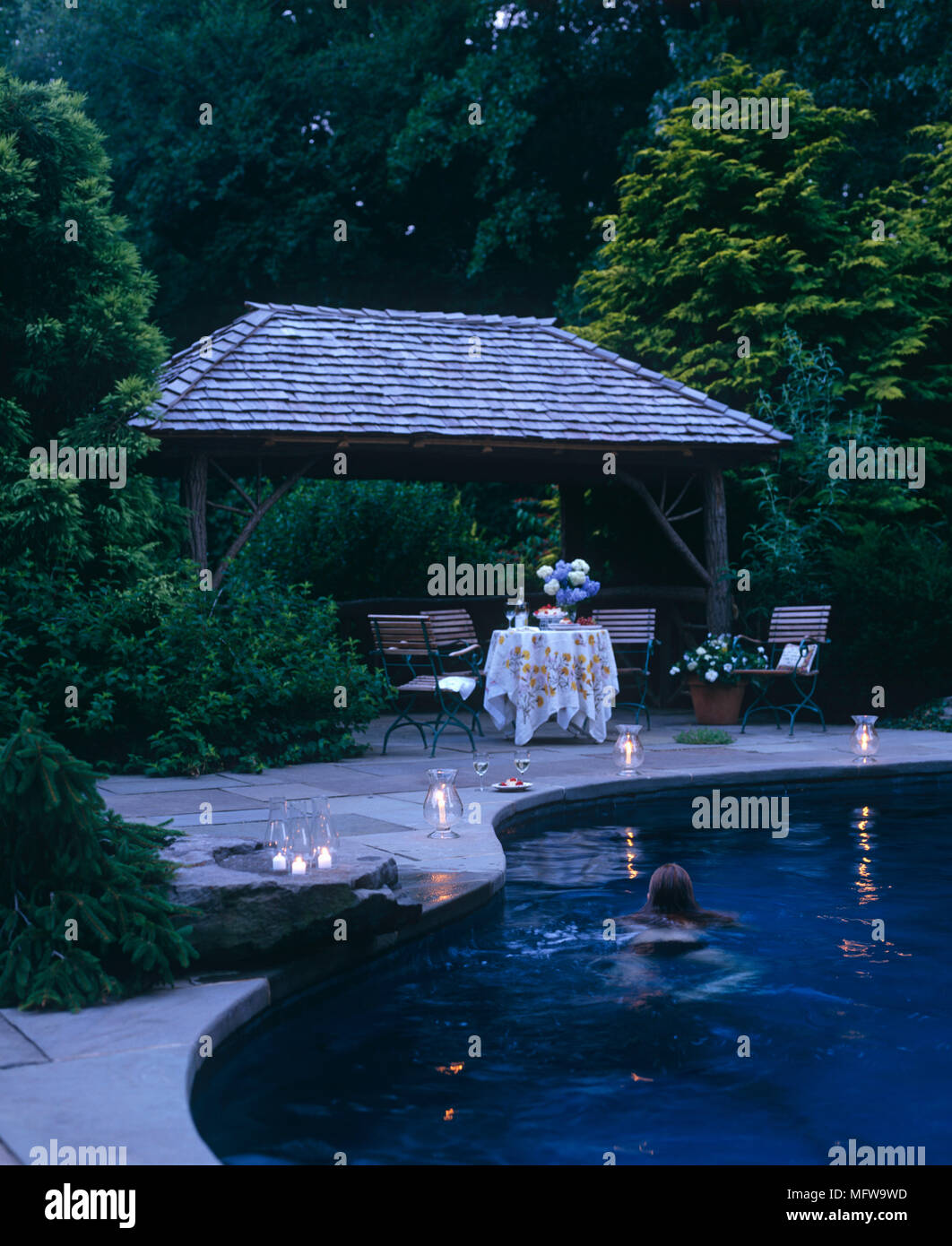 Chairs And Table Beside Swimming Pool At Night With Lit Candles