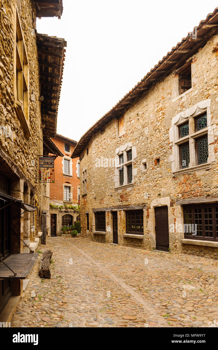 Stone house of Perouges, France, a medieval walled town, a popular ...
