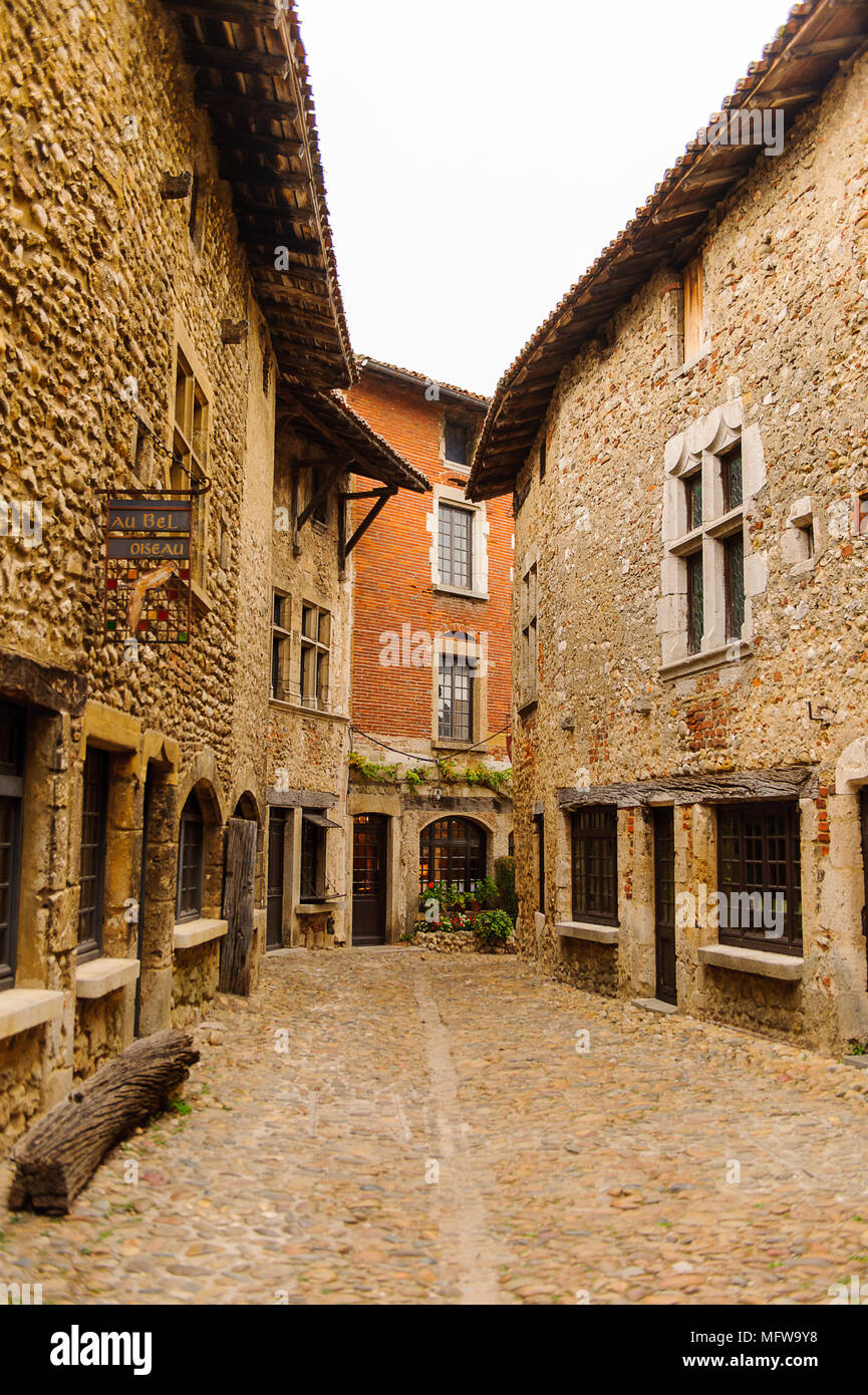 Stone house of Perouges, France, a medieval walled town, a popular ...