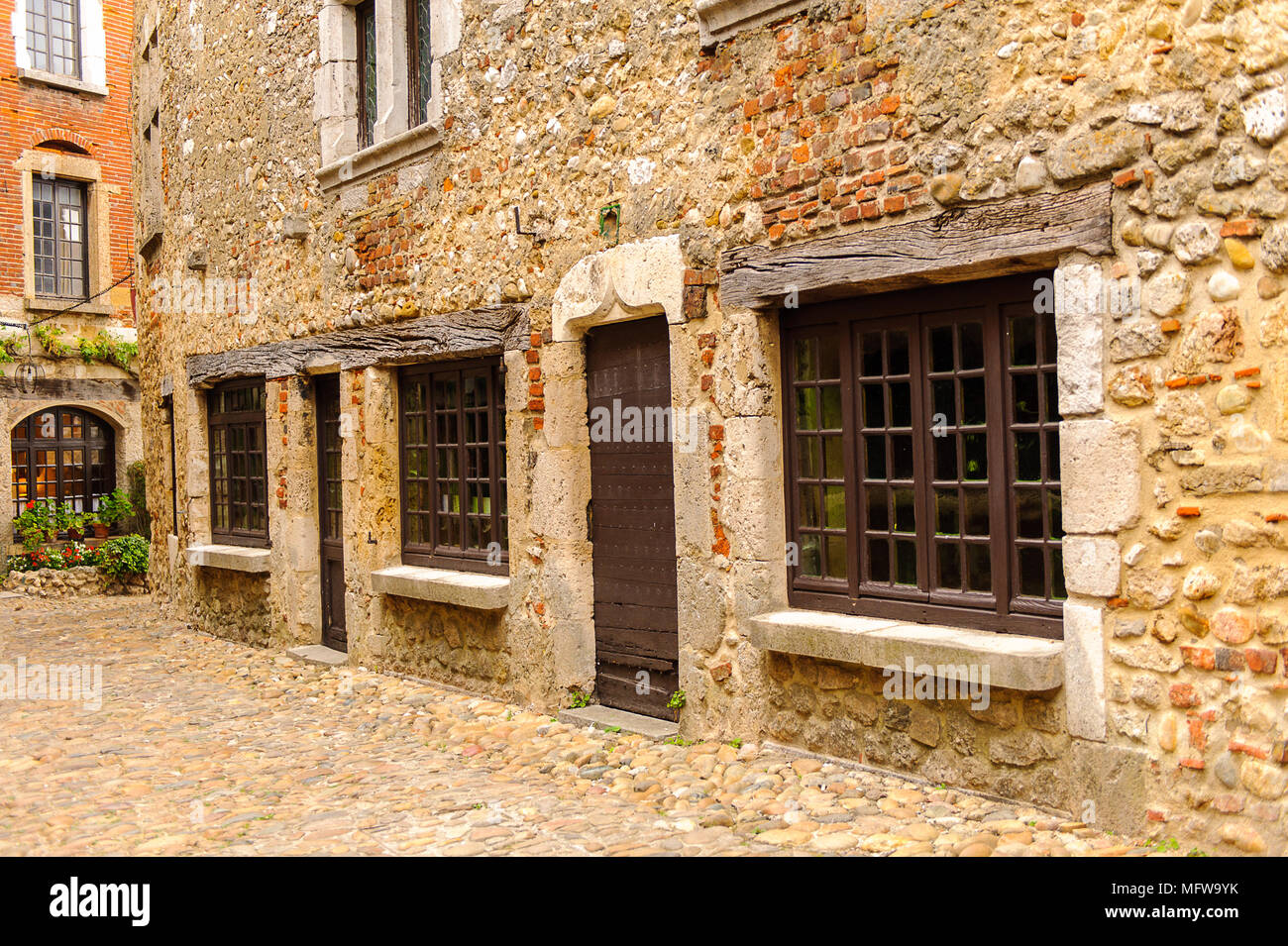 Stone house of Perouges, France, a medieval walled town, a popular ...