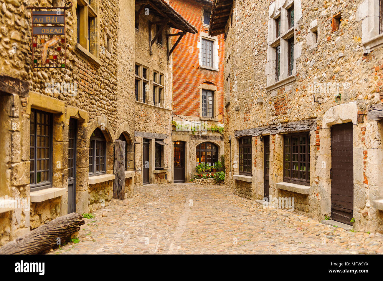 Stone house of Perouges, France, a medieval walled town, a popular ...
