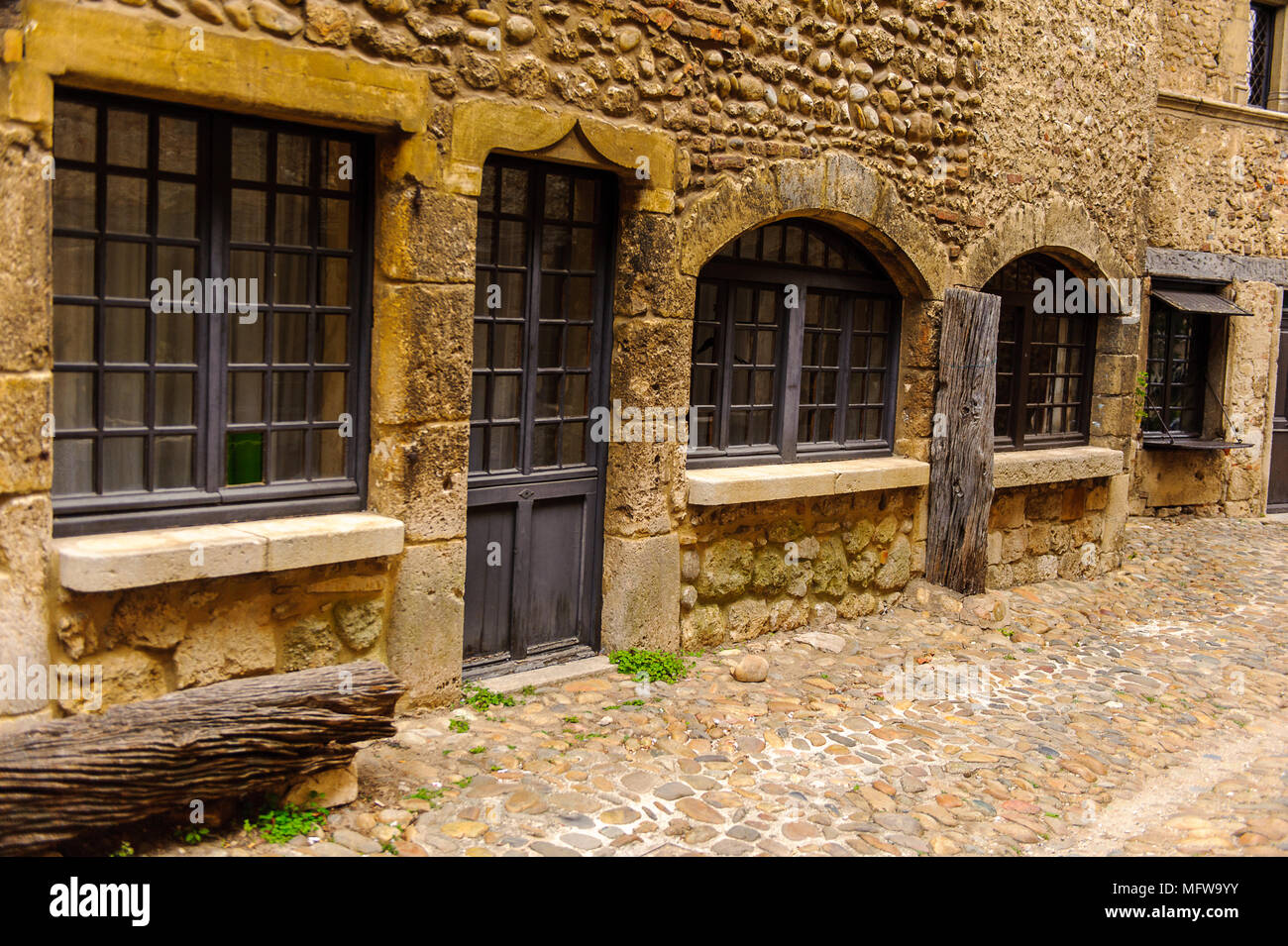 Stone house of Perouges, France, a medieval walled town, a popular ...