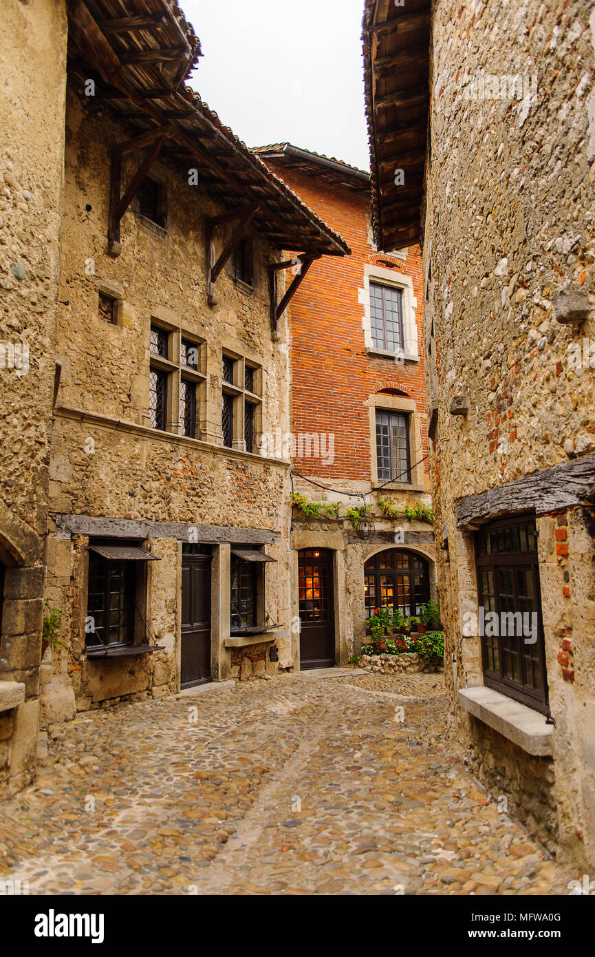 Stone house of Perouges, France, a medieval walled town, a popular ...