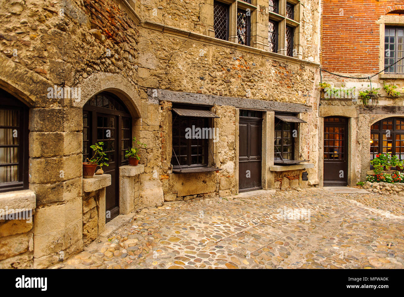 Stone house of Perouges, France, a medieval walled town, a popular ...