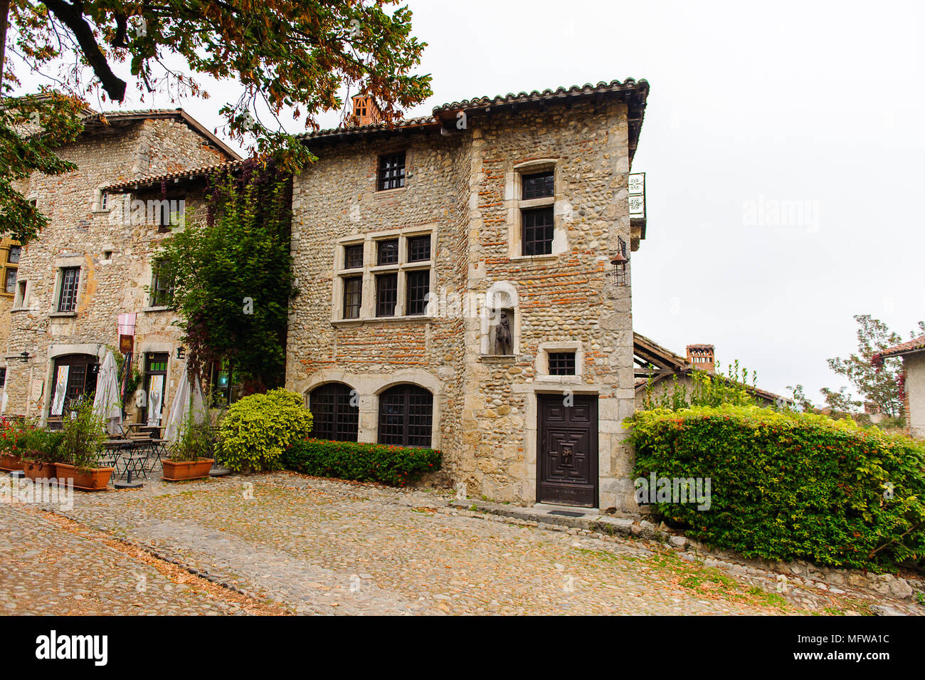 Stone house of Perouges, France, a medieval walled town, a popular ...