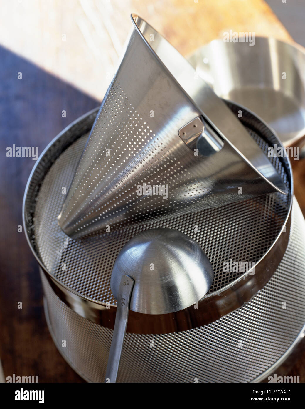 Close up of stainless steel sieves Stock Photo