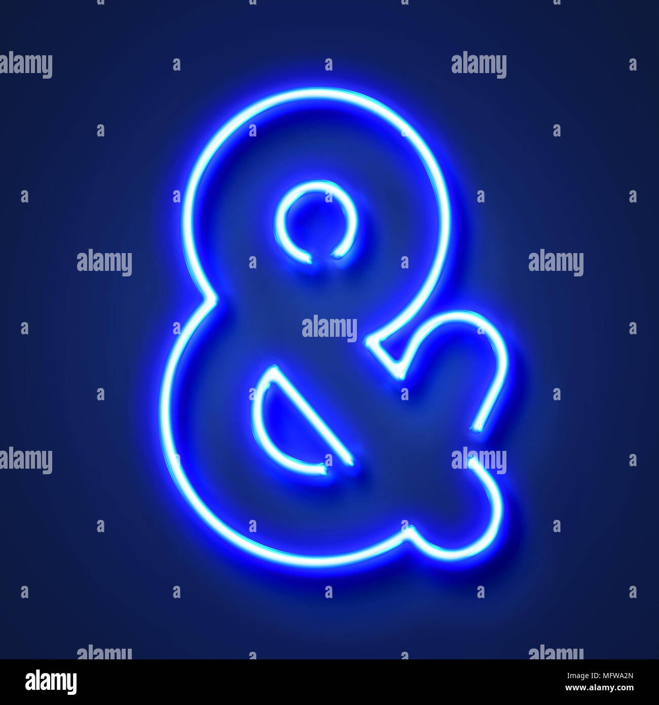 Ampersand realistic glowing blue neon letter against a blue background ...